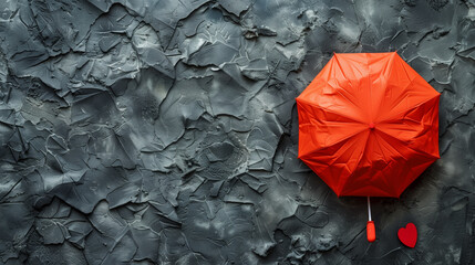 Red umbrella and heart on gray wall