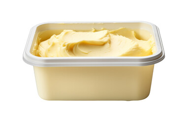 A container filled with smooth, creamy butter sits on a clean white background