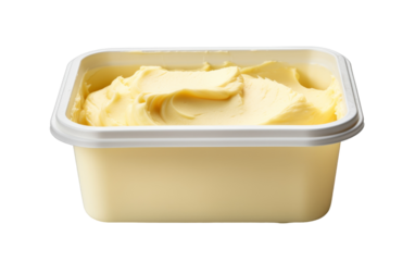 A container filled with smooth, creamy butter sits on a clean white background