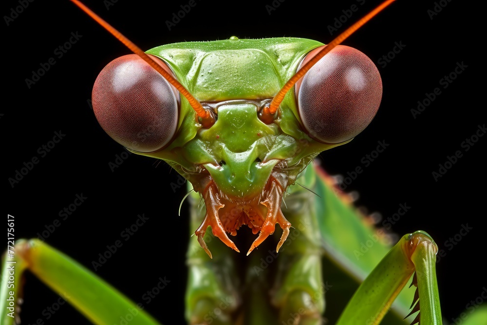 Poster enthralling praying mantis macro. wildlife insect. generate ai
