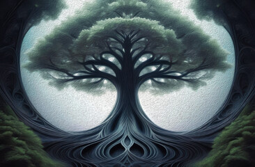 Tree of Life, a fantasy style fractal tree in cool muted green tones in an oil paint style.