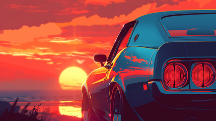 Fototapeta na wymiar A illustration close up of a car with a sunset in the background. Generative Ai