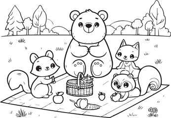 Friendly Animals Picnic: Children's Coloring Book Design