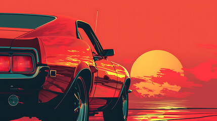A illustration close up of a car with a sunset in the background. Generative Ai - obrazy, fototapety, plakaty