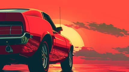 Foto auf Alu-Dibond A illustration close up of a car with a sunset in the background. Generative Ai © Handz