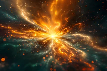 Poster Captivating Cosmic Burst of Citrus-Hued Quasar Illumination in the Celestial Expanse © lertsakwiman