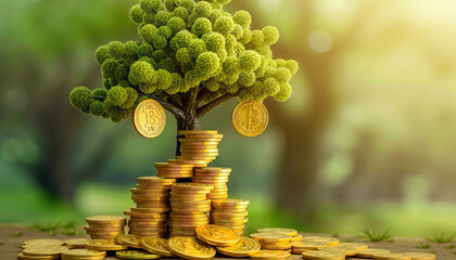 Wealth Growth: Visualize the concept of wealth and passive income with a money tree made of stacked gold dollar coins, symbolizing financial stability and business success