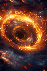 Mesmerizing Swirling Supermassive Black Hole Engulfing the Cosmic Realm in a Vivid Citrus Hued Celestial Inferno