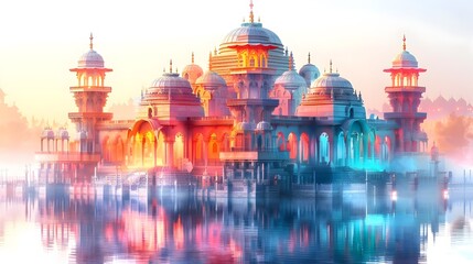 Dreamlike Oasis of Ornate Sacred Domes Reflected in Tranquil Waters - obrazy, fototapety, plakaty
