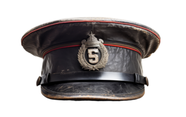 A black hat with the number five embroidered on it, standing out boldly against the dark fabric
