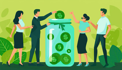 Savings Strategy: Visualize the prudent financial strategy of setting aside funds for emergencies using a vector image of business professionals depositing money into an emergency fund jar