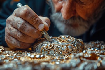 Jewelry Craftsmanship Engraving Artisans engraving intricate details onto jewelry pieces in a craftsmanship studio