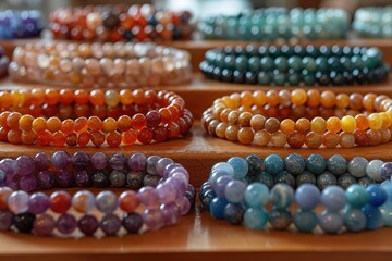 Jewelry Store Gemstone Bracelets A display of gemstone bracelets in a jewelry store, highlighting vibrant colors