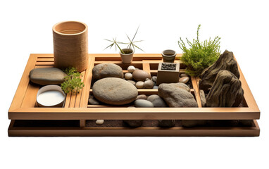 Fototapeta na wymiar A wooden tray holds rocks and plants, creating a tranquil and natural display