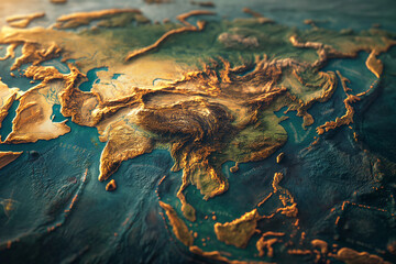 High detailed political map of asia. 3D illustration with relief and mountain peaks. asia top view