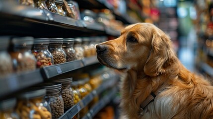 Happy dog woth Pet Food Store on background