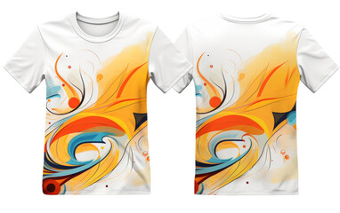 Abstractly designed t-shirt featuring swirling colors and geometric patterns