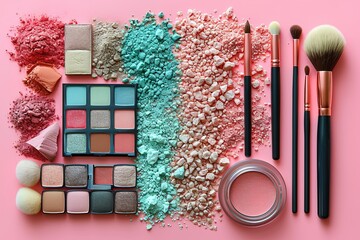 Makeup Product Flat Lay A flat lay arrangement of various makeup products, highlighting textures and colors