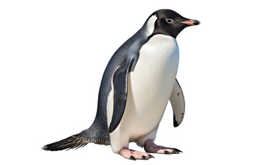 A penguin stands confidently on a white background, showcasing its unique black and white coloration
