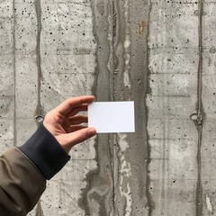 A man holds a white business card against the background of a concrete wall. generative ai