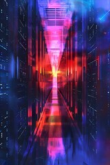Fototapeta premium Luminous Passage Through a Futuristic Digital Data Center