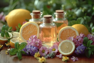 Perfume Ingredients Artistic Arrangement Artistic arrangement of perfume ingredients, emphasizing fragrance creation