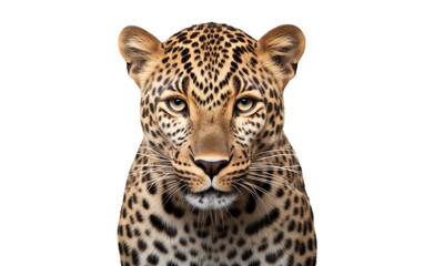 A majestic leopard gazes intensely at the viewer on a stark white background