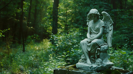 A statue of an angel is sitting on a rock in a forest. Generative Ai - obrazy, fototapety, plakaty