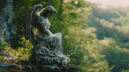 A statue of an angel is sitting on a rock in a forest. Generative Ai - obrazy, fototapety, plakaty