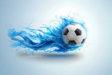 A soccer ball is in the middle of a splash of water. The splash is blue and white. Generative AI