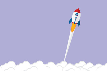 App launch. Startup vector concept, flat cartoon rocket or rocketship launch, mobile phone or smartphone, idea of successful business project start up, boost technology, innovation.	
