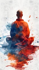 Serene Monk in Vibrant Watercolor Meditation Imagery with Cinematic Prime Close-Up Effect