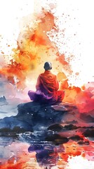 Serene Meditating Monk Amidst Vibrant Watercolor Landscape