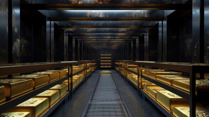 Bank vault containing large gold bars in protective environment