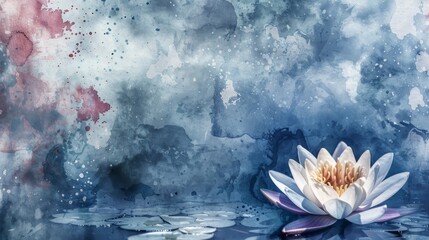 A serene lotus flower stands against a backdrop of soft watercolor waves, symbolizing peace for Vesak Day.