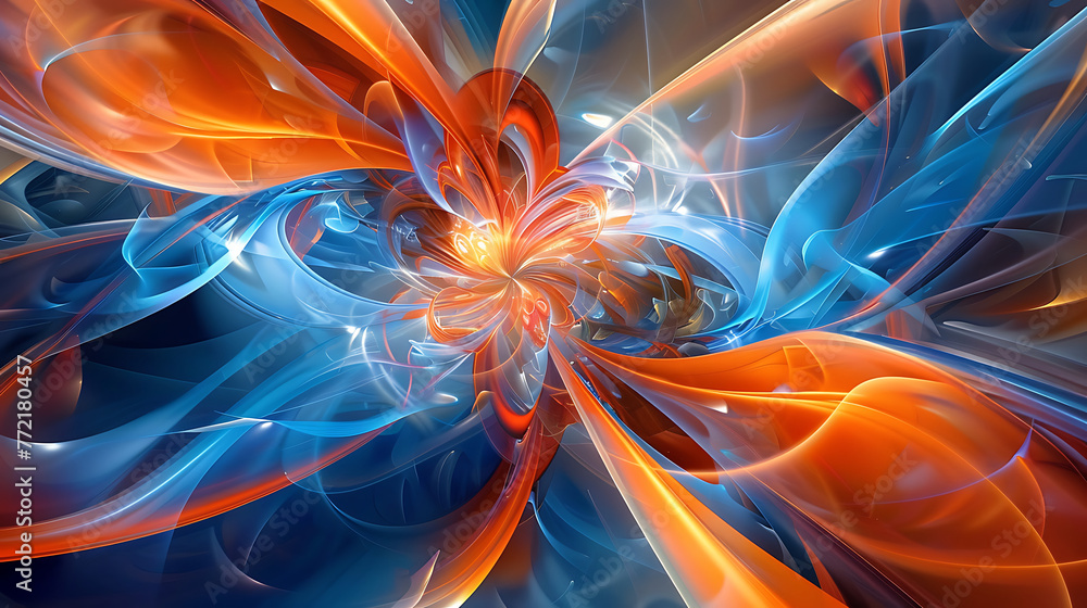Poster abstract fractal shape in orange and blue colors background. generative ai