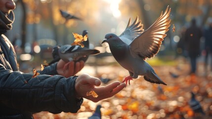 Man feeding the pigeons with his hand outdoors - obrazy, fototapety, plakaty