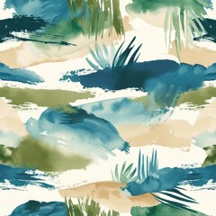 Sweeping blue and neutral watercolor strokes evoke serene beachscapes, accented with tropical greenery.
