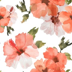 A dreamy pattern featuring watercolor hibiscus in soft reds and greens, ideal for bringing a touch of romance to any design project. - obrazy, fototapety, plakaty