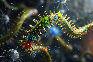 Human DNA strand with bacteria virus. 3d illustration