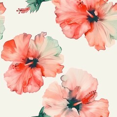 Stylized watercolor hibiscus flowers fuse pink and green hues, offering a romantic yet contemporary feel for fabric and wallpaper design.