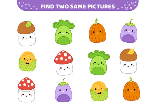 Autumn vegetables and mushrooms. Find two same pictures. Game for children. Cartoon, vector