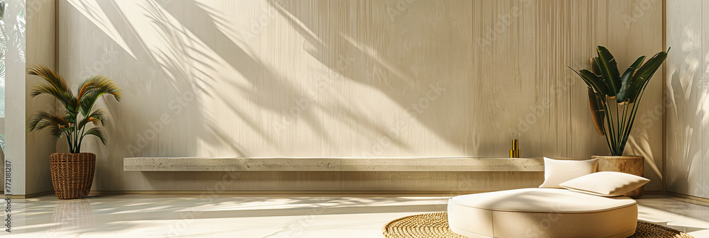 Poster minimalist design with white walls and natural light, emphasizing simplicity and elegance in a moder