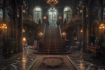 Concept art of the interior of an abandoned gothic mansion, with grand staircase and dark chandeliers. Created with Ai - obrazy, fototapety, plakaty