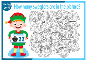 Fototapeta premium Count how many sweaters are hidden in the picture. How many objects are there in the picture? Educational game for children. Colorful cartoon characters. Funny vector illustration.