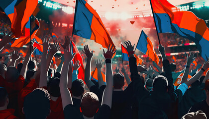 A group of fans cheering and waving team flags in the stands, adding to the excitement of the game