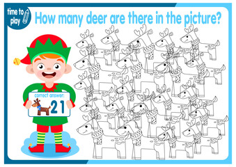 Count how many deer are hidden in the picture. How many objects are there in the picture? Educational game for children. Colorful cartoon characters. Funny vector illustration.