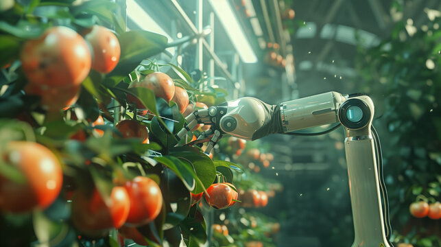 Robotic arm working in smart farm Harvest fruit, water plants, and care for livestock efficiently. The farm is full of cutting-edge technology. It represents the future of agriculture.