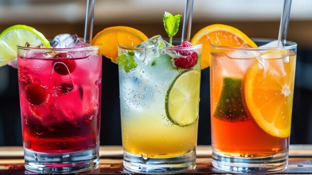 Assortment of Colorful Summer Cocktails on Wooden Table