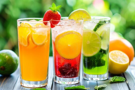 Assortment of Refreshing Fruit-Infused Beverages on Wooden Table in Lush Garden Setting